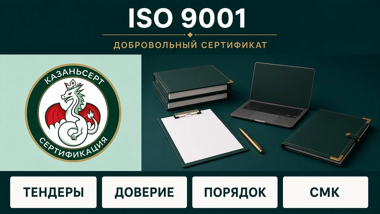 Сертификат ISO 9001: обложка статьи КазаньСерт про систему менеджмента качества и тендеры